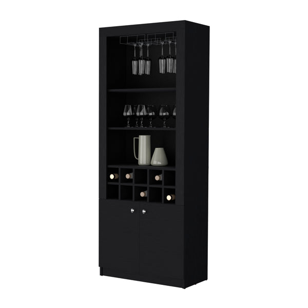 English Elm Clover Bar Cabinet with Wine Rack and Three Shelves, Tall Storage Cupboard with Doors for Entertaining Black 53.94 L x 33.86 W x 5.12 H B128P189932