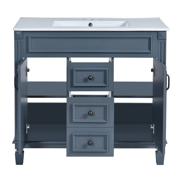 English Elm 36'' Bathroom Vanity with Sink and Mirror Cabinet, Modern MDF & Solid Wood Design, Ceramic Top, Soft-Close Doors Blue SW000115AAC-1