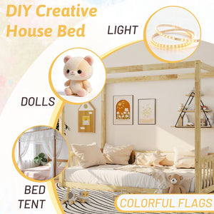 English Elm Twin Canopy Floor Bed Rubberwood Frame with Fence Guardrails for Kids Bedroom Natural W504P351804