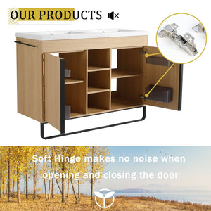 English Elm 48" Freestanding Bathroom Vanity With Resin Double Sink, Soft-Close Doors & Open Storage For Modern Style W999S00479