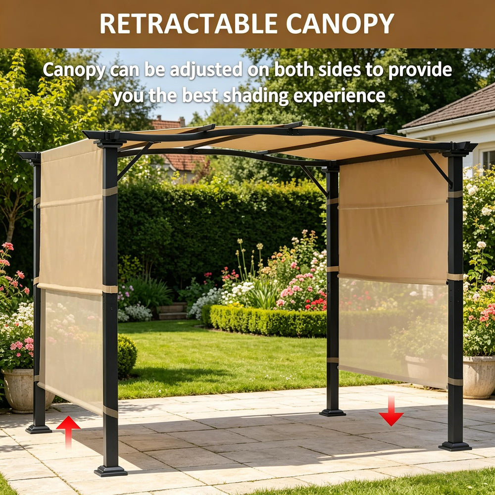 English Elm Backyard European Pergola with Retractable Uv Canopy and Powder Coated Steel Frame T3971S00232