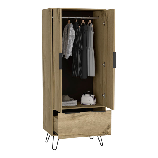 English Elm Nuvo Mid-century Oak Double Door Storage Cabinet with Hairpin Legs and Bottom Drawer B128S00208