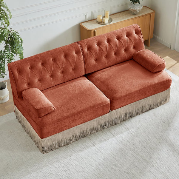 English Elm Soft Velvet Chesterfield Sectional Sofa Tufted Tassel Fringe Skirt Modular Living Room Red+Brown W714S01718