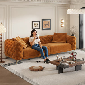 English Elm 97.6" Oversized Velvet Chesterfield Sleeper Sofa Floral Tufted Roll Arm Living Room Couch Orange W1885S00299