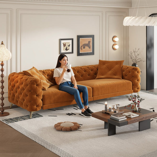 English Elm 97.6" Oversized Velvet Chesterfield Sleeper Sofa Floral Tufted Roll Arm Living Room Couch Orange W1885S00299