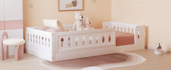 English Elm Wood Twin Size Platform Bed with Guardrail — Sturdy Pine & MDF Construction, Safe Low-Profile Design for Kids White N709P180836K