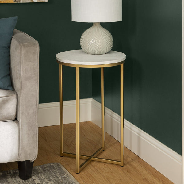 English Elm Walker Edison - Modern Glam X-Leg Round Side Table with Faux White Marble Top and Gold Metal Frame, Chic Accent B185P326693
