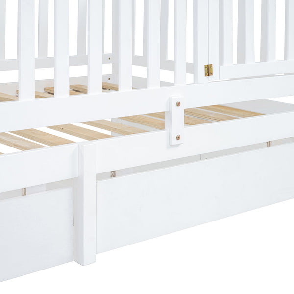 English Elm Twin Pinewood Daybed with Fence Guardrails Two Storage Drawers and Split Floor Bed White LP200881AAK