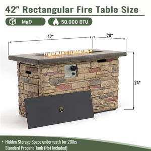 English Elm 42" Propane Fire Pit Table 50,000 BTU Rectangular MgO Top Hidden Tank Cover Glass Beads, ETL Reviewed W853P293858