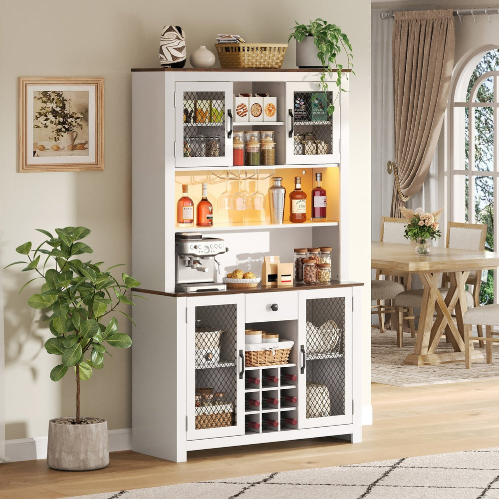 English Elm 70.9" Farmhouse Hutch Pantry with Led Lighting Wine Rack Mesh Doors and Built-in Power White CH361426AAK