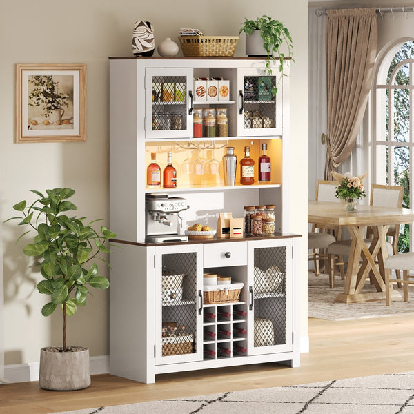English Elm 70.9" Farmhouse Hutch Pantry with Led Lighting Wine Rack Mesh Doors and Built-in Power White CH361426AAK