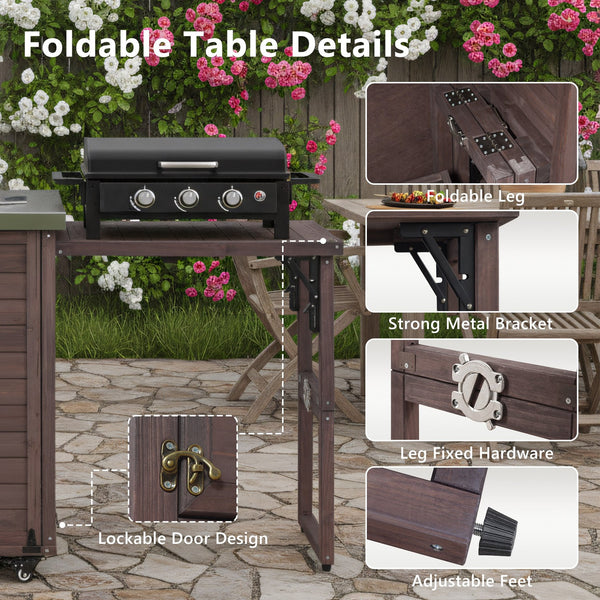 English Elm K&k Outdoor Rolling Kitchen Island Fir Wood Stainless Steel Top with Foldable Prep Station Dark Brown N707P370276Z