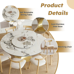 English Elm 59" Round Sintered Stone Table Set Seats Eight with Gold Hourglass Base Lazy Susan W2700S00131