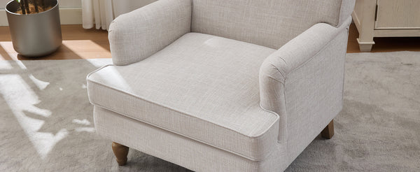 English Elm Vintage Linen Armchair with Rolled Arms and Turned Wood Legs — Plush Cushions, Sturdy Support, Timeless Accent for Living Spaces Beige 29.84 L x 29.5 W x 18.42 H N701P326070A