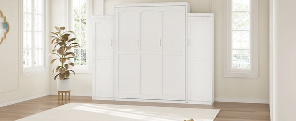 English Elm Queen Murphy Bed with 2 Wardrobes & Foldable Platform, Space-Saving White Queen Bedframe 650lbs N733S339767K
