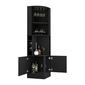 English Elm Kava Corner Bar Cabinet with Glass Rack, 8 Bottle Cubbies, 12-Glass Holder, Double Door Black B070S00165