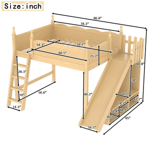 English Elm Twin Loft Bed Solid Pine Frame with Wardrobe Shelving Detachable Slide Kids Room Natural W5305S00022