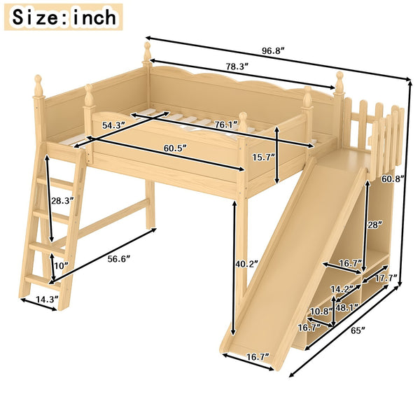 English Elm Twin Loft Bed Solid Pine Frame with Wardrobe Shelving Detachable Slide Kids Room Natural W5305S00022