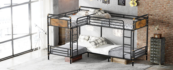 English Elm Quad Quad Bunk Bed for 4 Kids - Heavy Duty Metal Twin Frame, Detachable Triple Layout, Rustic Black Wood Finish, 250lb Capacity Each, Space-Saving Modular Design W2580S00020