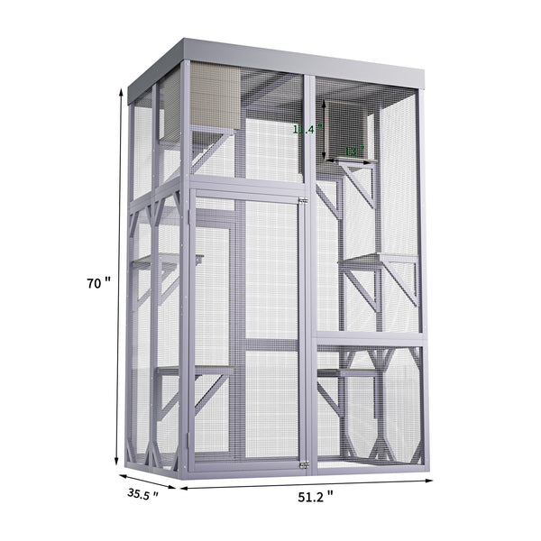 English Elm Outdoor Solid Fir Wood Cat Enclosure with 4 Tiered Platforms and Dual Napping Houses W3166P476669