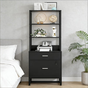 English Elm Ample Steel Office Filing Cabinet with Open Bookcase Shelves and Locking Document Drawers Black T3971P448270