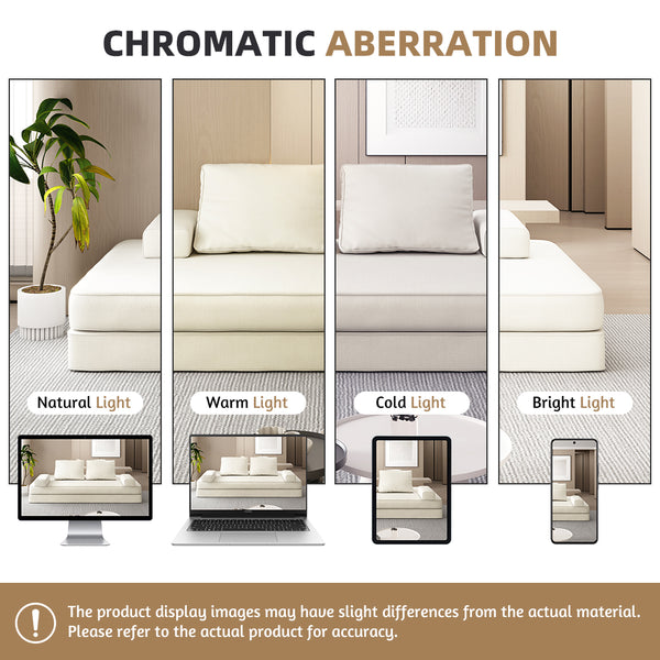 English Elm 86.6"Multifunctional Folding Sofa Bed with Chaise, Fluffy Chenille, Removable Backs & Pillows, Deep Seat Lounge Beige W3219P340665