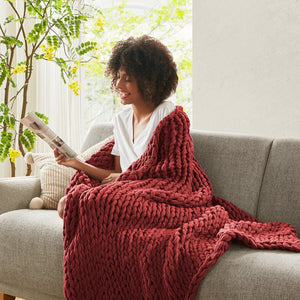 JLA Home Madison Park - Hand Made Throw Blanket: Ultra-Soft Double-Knit Acrylic Throw with Modern Boho Style, OEKO-TEX Safe Cozy Gift Red MP50-8216