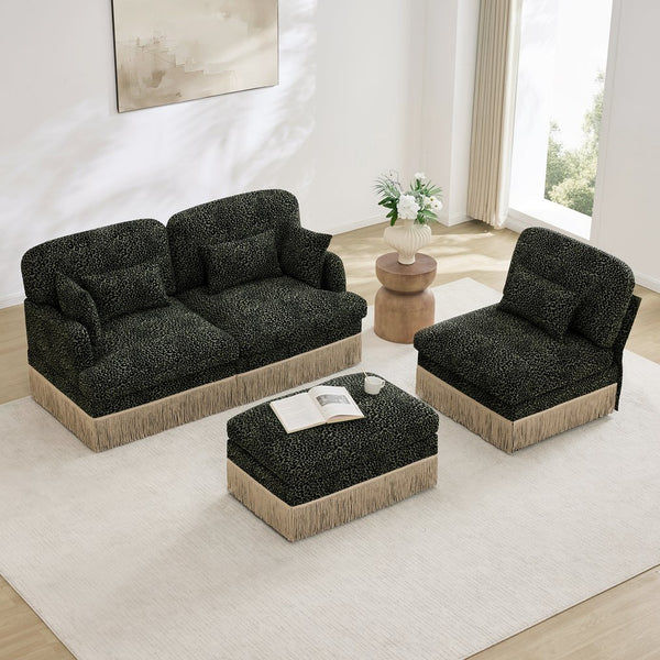 English Elm 100"comfy Chenille Leopard Print Sectional Sofa with Tassel Trim and Movable Ottoman Green W5656S00032
