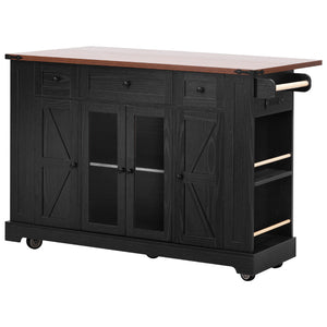 English Elm K&K 53" Farmhouse Kitchen Island with Drop Leaf, Tempered Glass Doors, Power Outlet, Rolling Cart Black N707P263637B