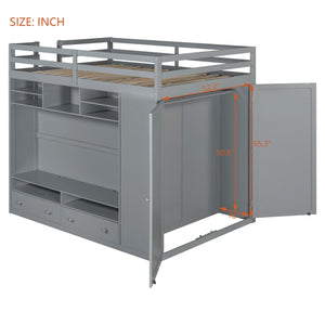 English Elm Full Size Loft Bed with Led Lighting Wardrobe Drawers and Shelves for Teen Rooms Gray LT000499AAE