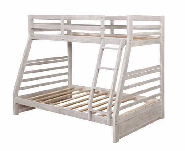 English Elm Twin Over Full Bunk Bed With Drawers, Attached Ladder & Wire-Brushed White Finish For Stylish Storage B2741S00341-GIGA