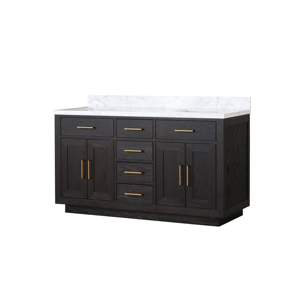 English Elm Black Oak Double Bath Vanity With Carrara Marble Top - Elegant 60” W X 22” D, Fully Assembled Quality B2731P260834
