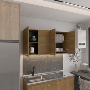 English Elm 120 Wall Cabinet Natural Oak Beige MDF, 47.2x23.6x13.1, Four-Door Wall-Mounted with Lockable Foldable Shelves B070P337067