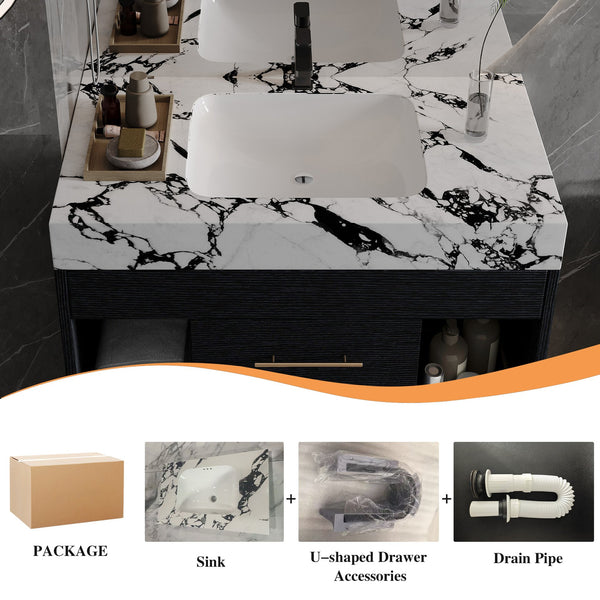 English Elm 29.9" Floating Bathroom Vanity Sintered Stone Top Soft Close Drawers Bronze Gold Hardware Black,Black White W3136S00036