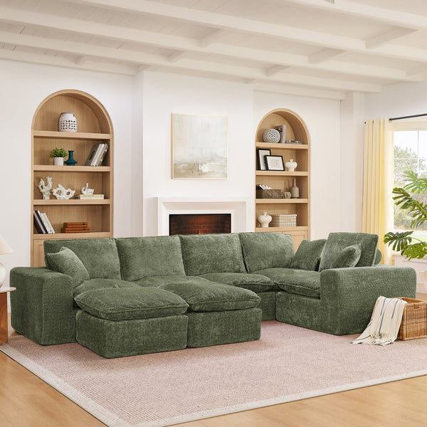 English Elm 107'' Boucle Modular Sectional with Reversible Chaise and Two Ottomans for Living Room Green W1413S00166