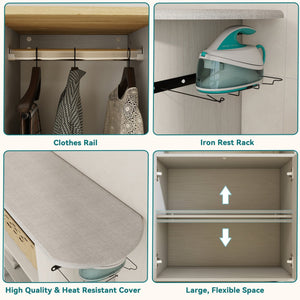 English Elm Ironing Cabinet on Wheels with Pull Out Board Open Shelves and Antique White Finish W1120P330148