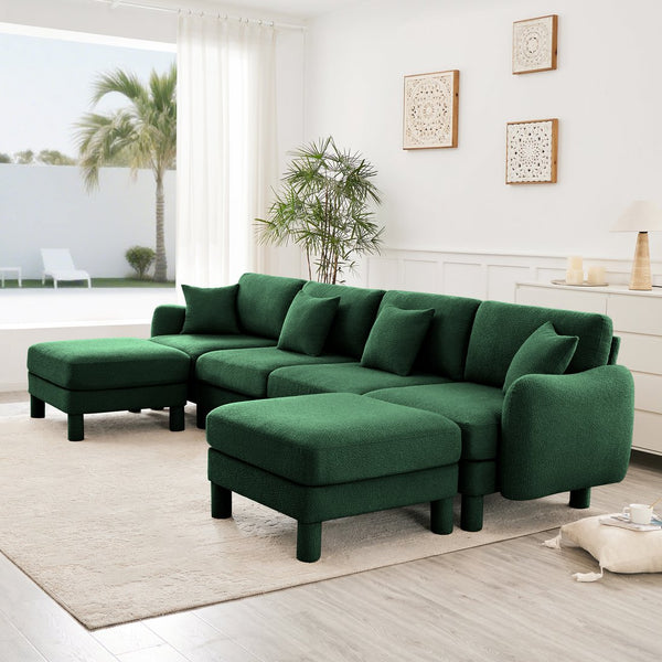 English Elm Boucle U Shape Sectional Sofa - 4-Seater With Shell Armrests & Movable Ottomans, Green Elegance W3041S00313