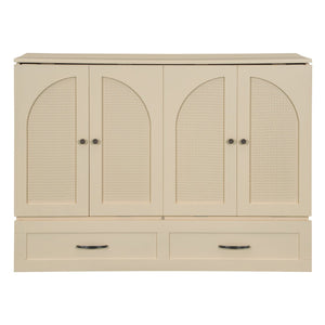 English Elm Full Size Murphy Bed Rattan Cabinet with Storage Drawers and Gold Hardware Gold N708S00009G