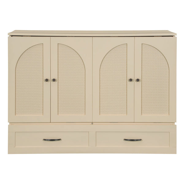 English Elm Full Size Murphy Bed Rattan Cabinet with Storage Drawers and Gold Hardware Gold N708S00009G