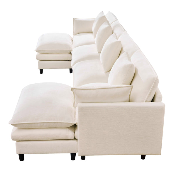 English Elm 140.9-inch U-shaped Modular Sectional Sofa with Ottomans Chenille Cloud Cushions Beige W288S00029