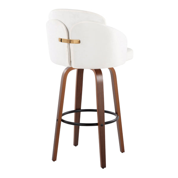 English Elm Fixed-height Mid-century Barstools with Walnut Legs and Grey Upholstered Seats Set Cream B202S01905