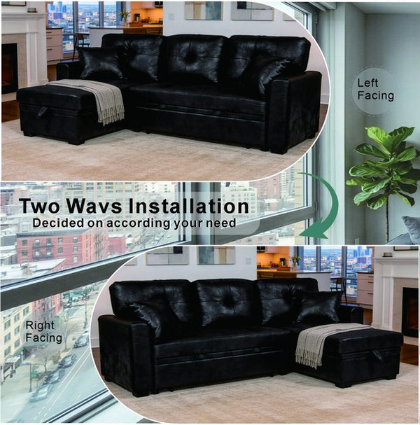English Elm Sleeper Sectional Sofa with Storage Chaise Tufted Black Fabric L-shaped Living Room W5568S00037