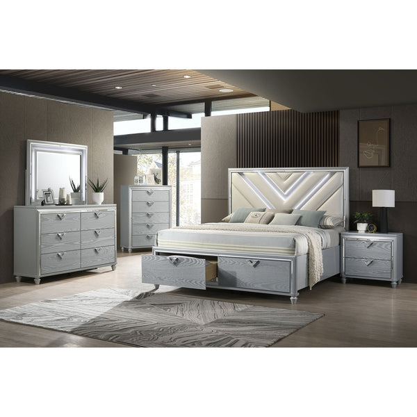 English Elm Delacroix Light Silver Nightstand with 2 Drawers, Felt-Lined Top, V-Shaped Crystal Pulls & Silver Trim B062P299982