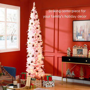English Elm Homcom 8' Tall Slim Pink Noble Fir Christmas Tree With 300 Led Lights - Elegant Holiday Decor! W2225P249658