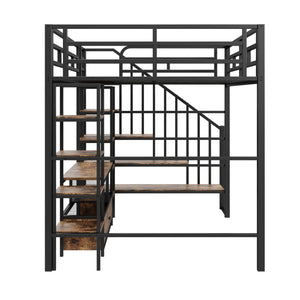 English Elm Full Metal Loft Bed Full Size with Staircase, Built-In Desk & Shelves, Black, Sturdy Space-Saving Setup GX001132AAB