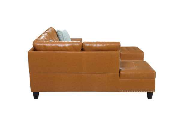 English Elm Black Faux Leather Sectional Sofa with Cup Holders Storage Ottoman and Nailhead Trim Ginger B2730S00020
