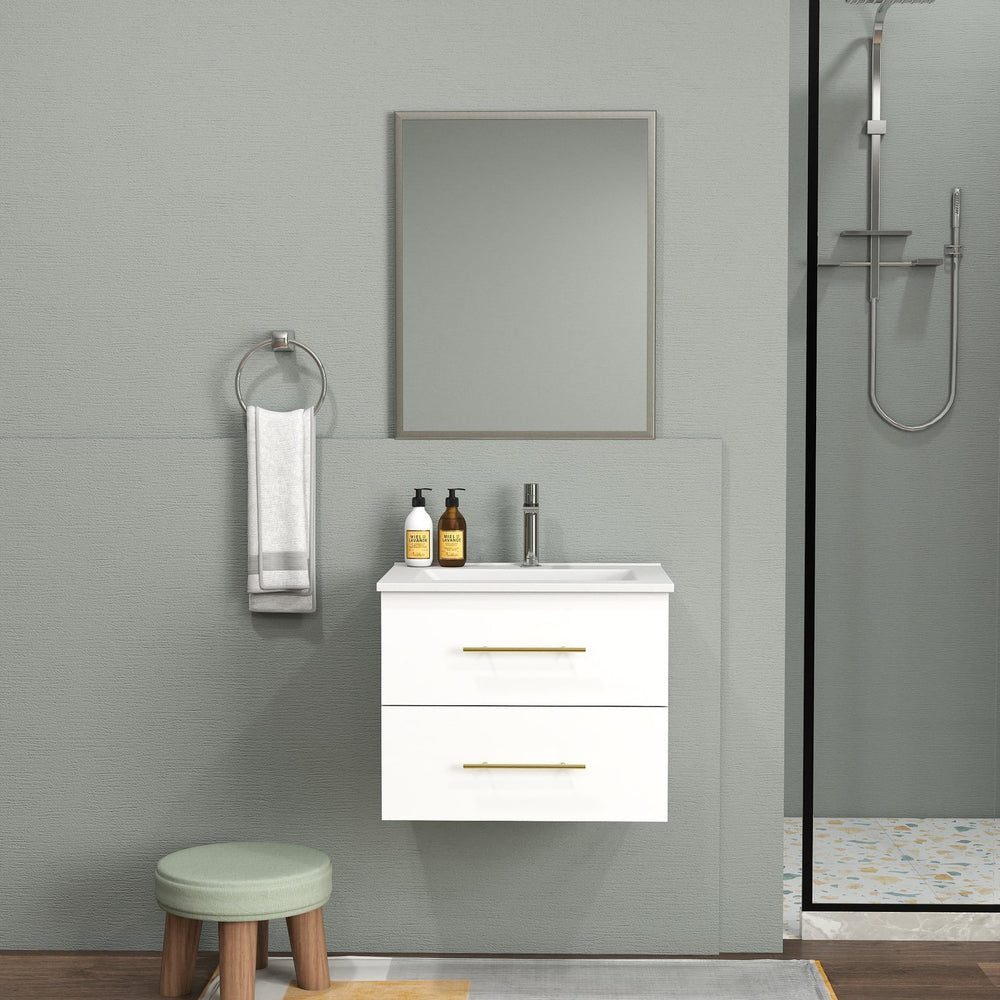 English Elm 24-Inch Wall-Mounted Bathroom Vanity & Mirror Set With Gold Handles, Space-Saving Design, Easy Install W3151S00039