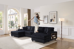 English Elm Convertible U-Shaped Sofa In Soft Corduroy Fabric - Modern 4-Seater For Stylish Living Room Comfort W1793S00033