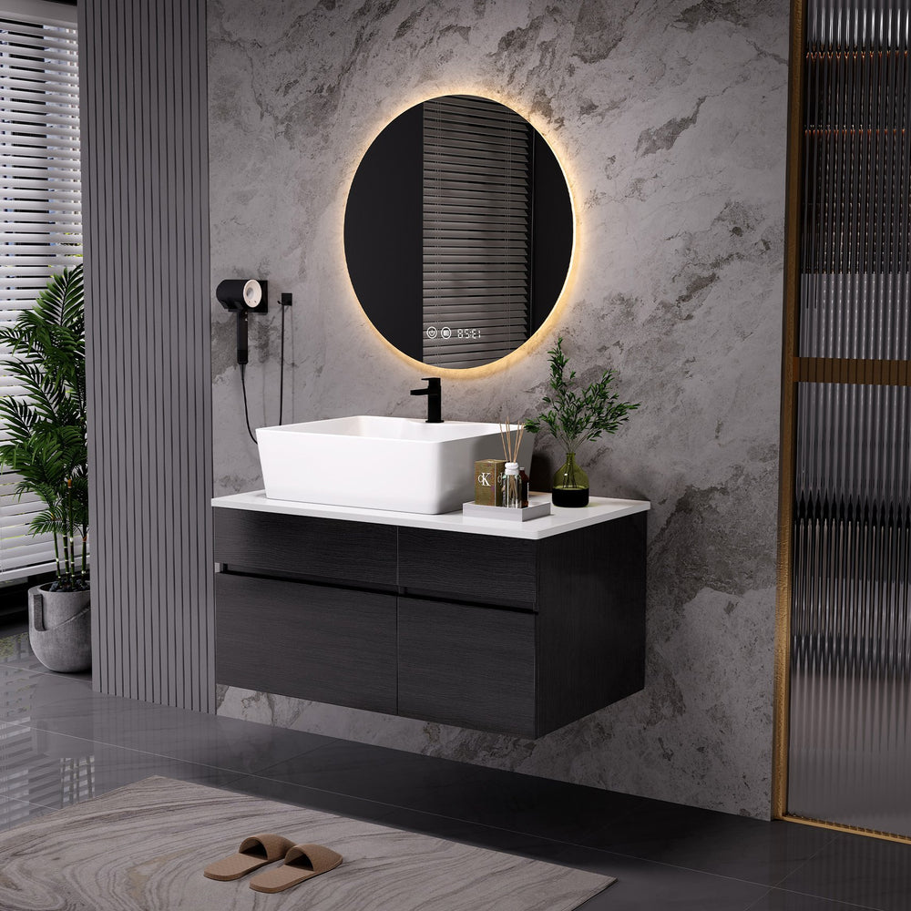 English Elm 31.5 Inch Floating Wall Mounted Bathroom Vanity with Vessel Ceramic Sink Soft Close W3136S00080