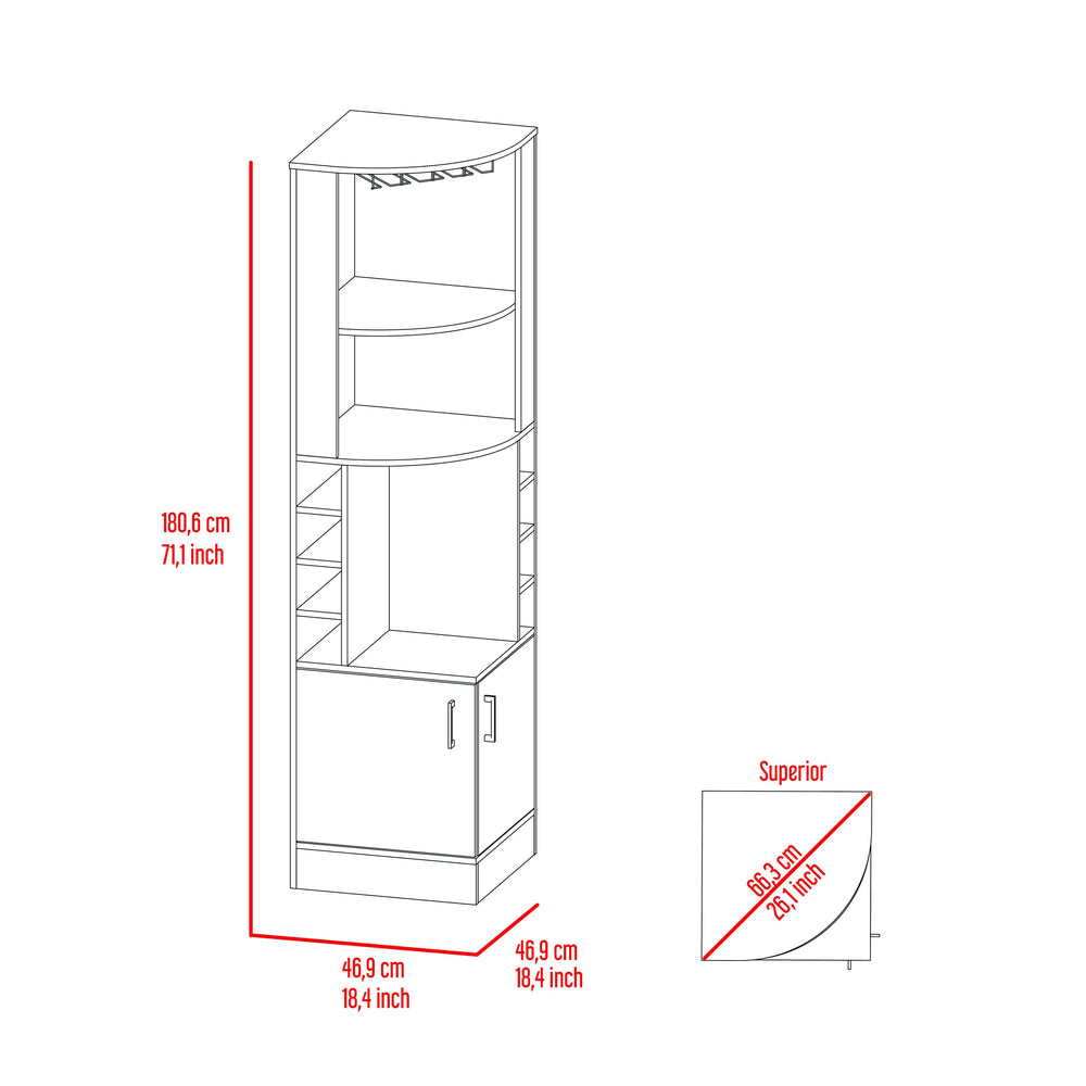 English Elm Corner Bar Cabinet 71" H In Smoke Oak - Modern Space-Saving Design With Glass Holder & Bottle Storage B097132994